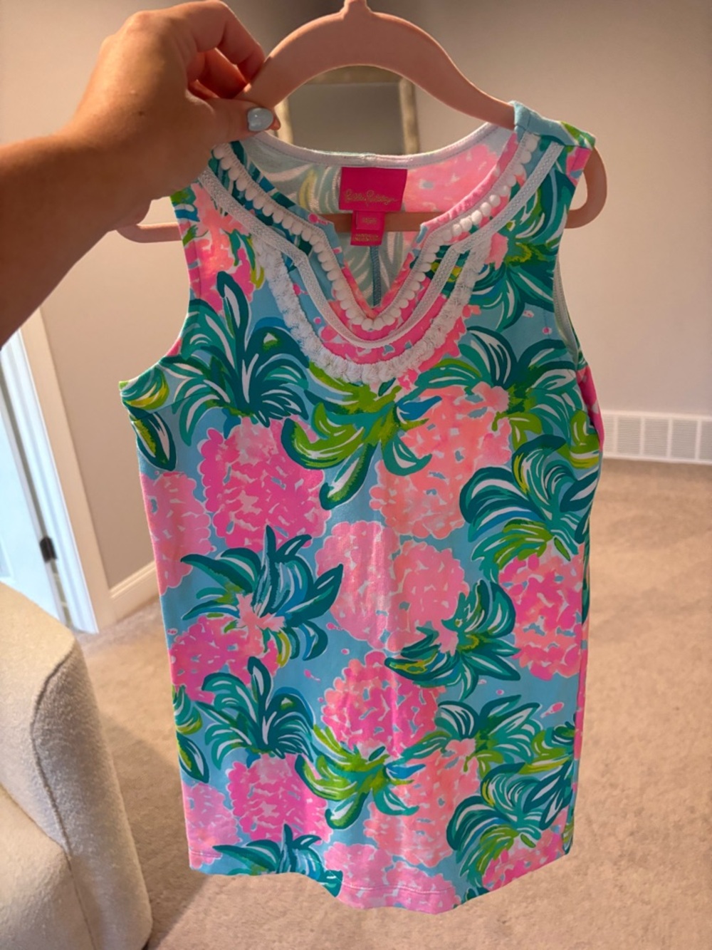 Lilly Pulitzer Girls V-Neck Pom Pom Trim Dress - Aqua, Pink & Green Floral